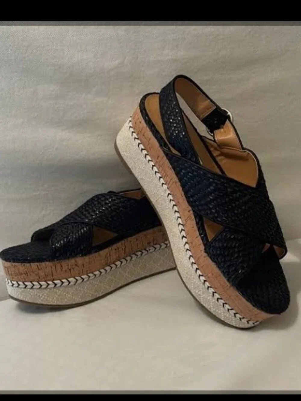 Zara Black Woven Platform Sandals with Cork-Style Midsole 9/Euro 40